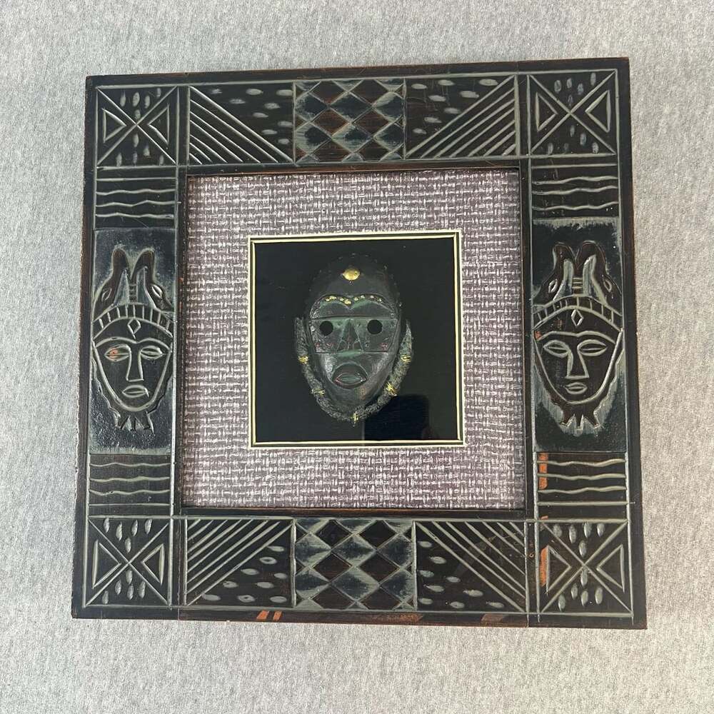 Vintage African Carved Wooden Tribal Mask Shadow Box Art